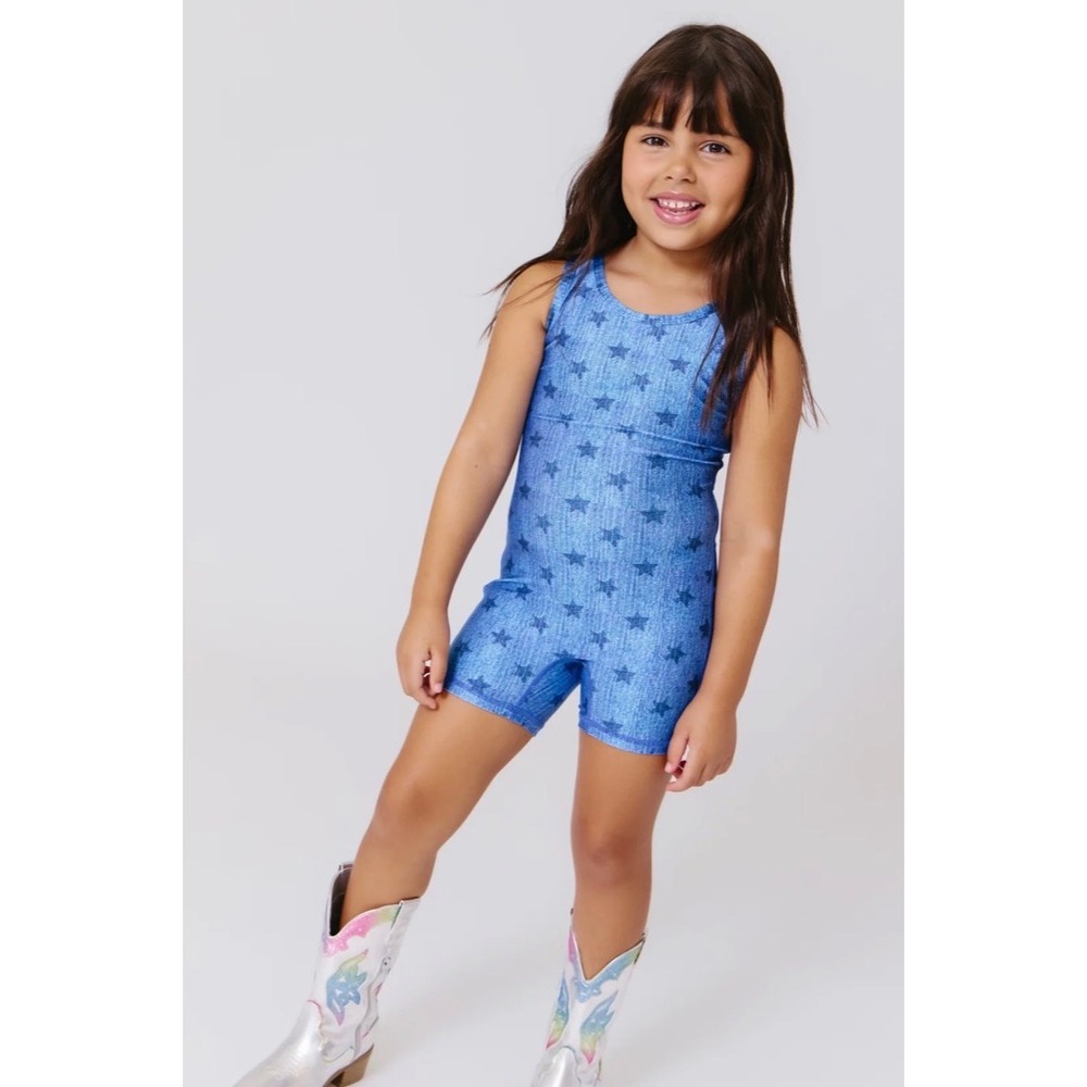 Terez Girls Star Denim Leotard Blue Gymnastics Dance Size 6 NWT
